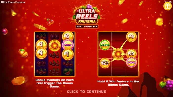 Ultra Reels Fruteria - meniul de pornire și butonul de lansare