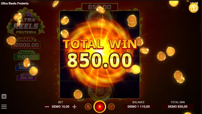 Ultra Reels Fruteria - ecranul final cu premiul colectat